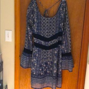 Blue, floral dress with waist embroidery.